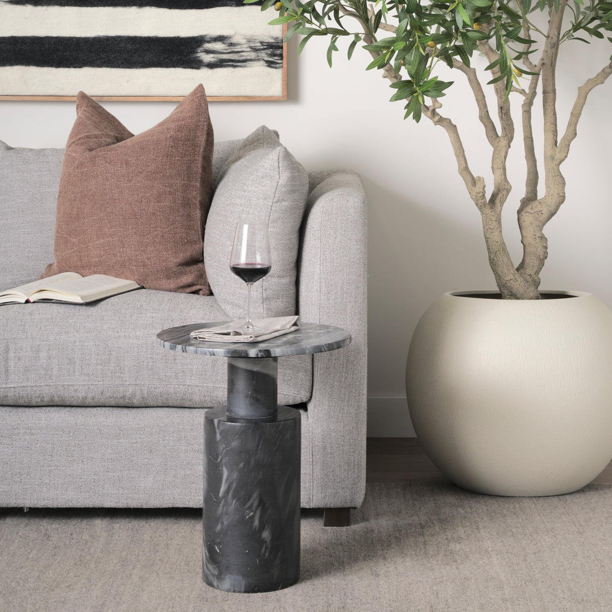 Taite Solid Dark Gray Marble Pedestal Accent Table from Mercana - Luna Furniture