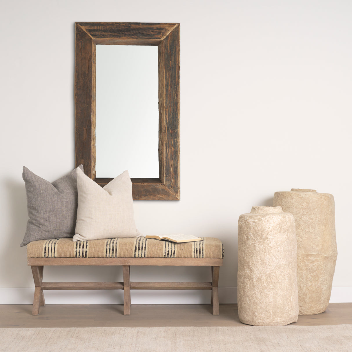 Solis 50L x 16W Brown Base Upholstered Beige/Black Stripe Seat Accent Bench from Mercana - Luna Furniture