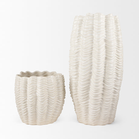 Velia Short Seashell Sculptural Cream Glazed Ceramic Vase from Mercana - Luna Furniture