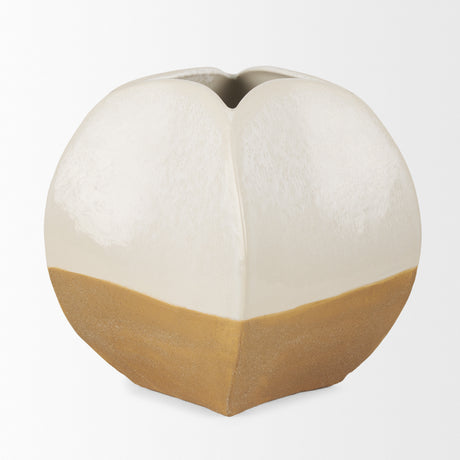 Vania Short Off White w/ Tan Textured Ceramic Vase from Mercana - Luna Furniture
