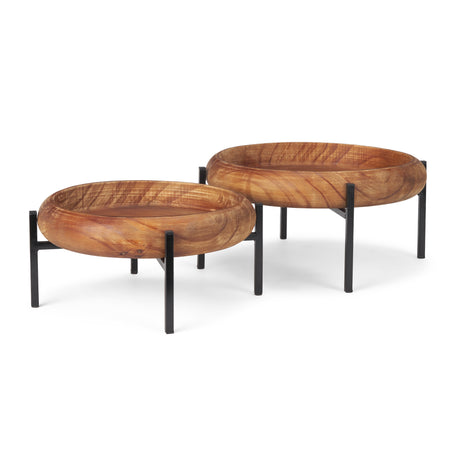 Wally Round Medium Brown Wood w/ Matte Black Metal Stand Trays from Mercana - Luna Furniture