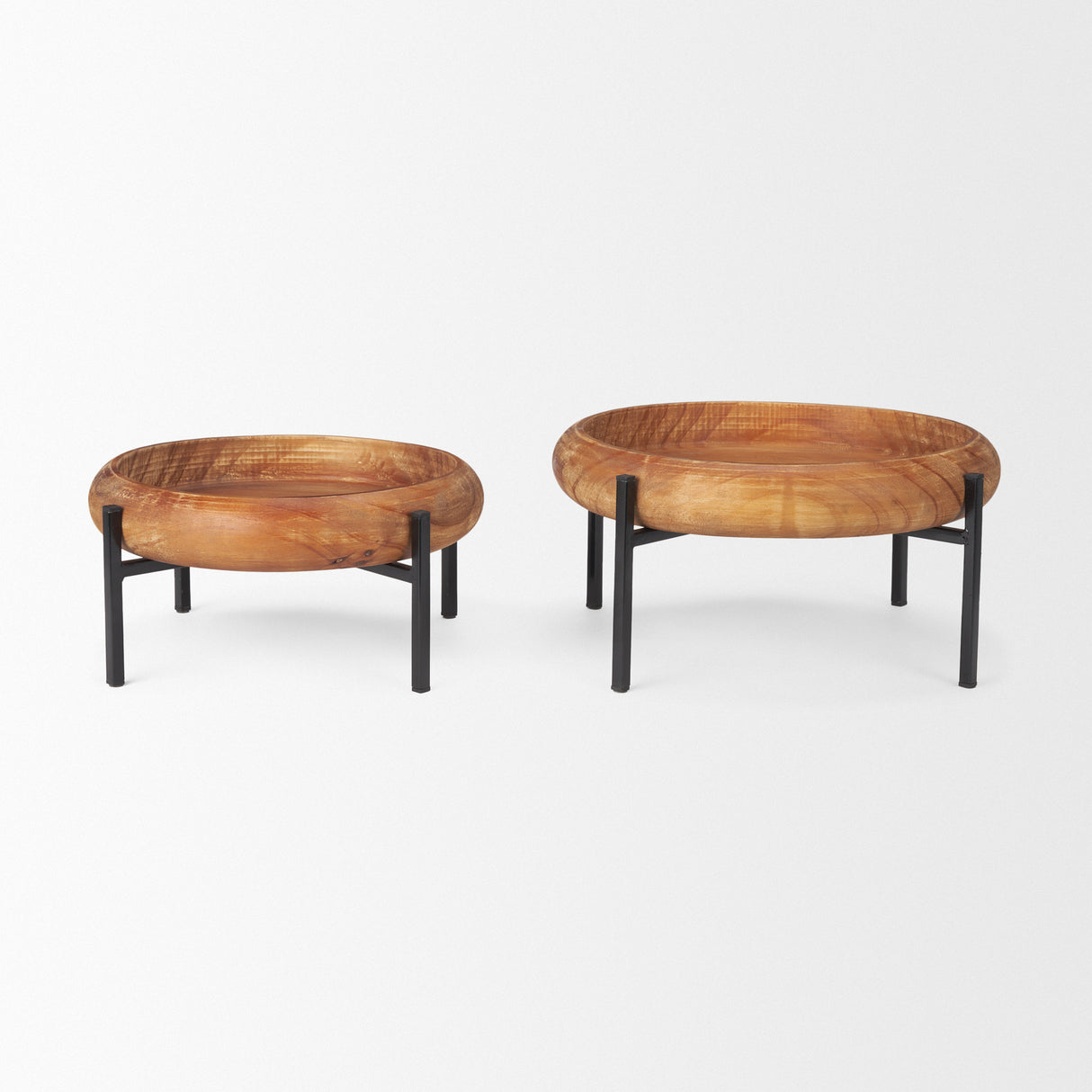 Wally Round Medium Brown Wood w/ Matte Black Metal Stand Trays from Mercana - Luna Furniture