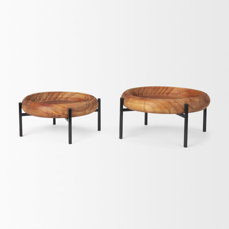 Wally Round Medium Brown Wood w/ Matte Black Metal Stand Trays from Mercana - Luna Furniture