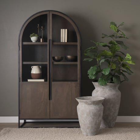 Sloan 42W x 80H Dark Brown Wood W/Black Metal Arched Curio Cabinet from Mercana - Luna Furniture
