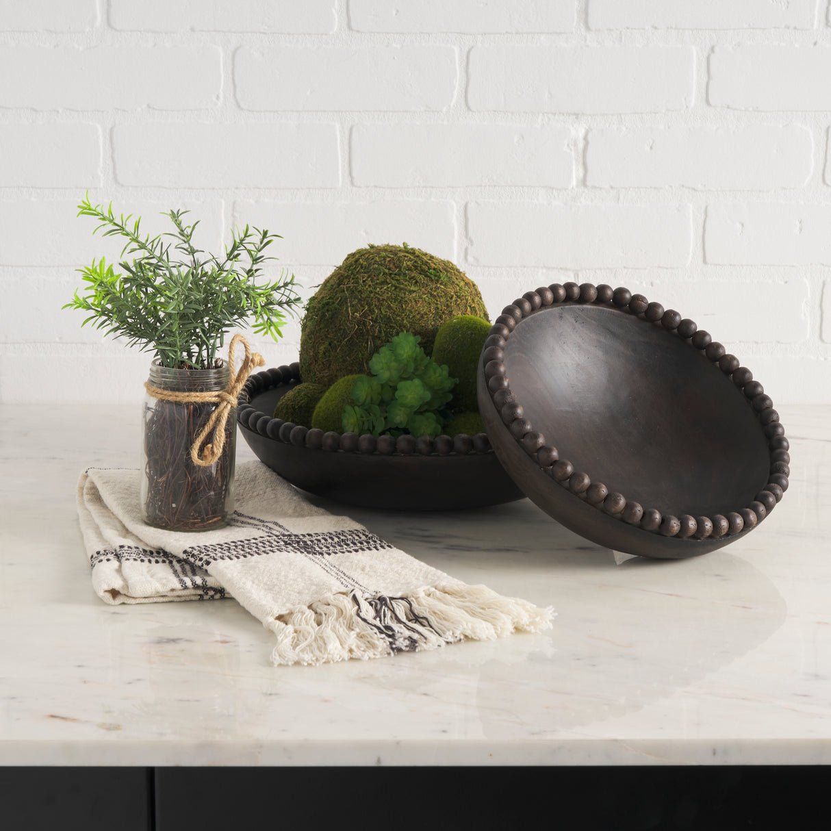 Wendell Dark Brown Wood w/ Wood Beads Round Bowls from Mercana - Luna Furniture