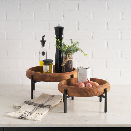 Wally Round Medium Brown Wood w/ Matte Black Metal Stand Trays from Mercana - Luna Furniture
