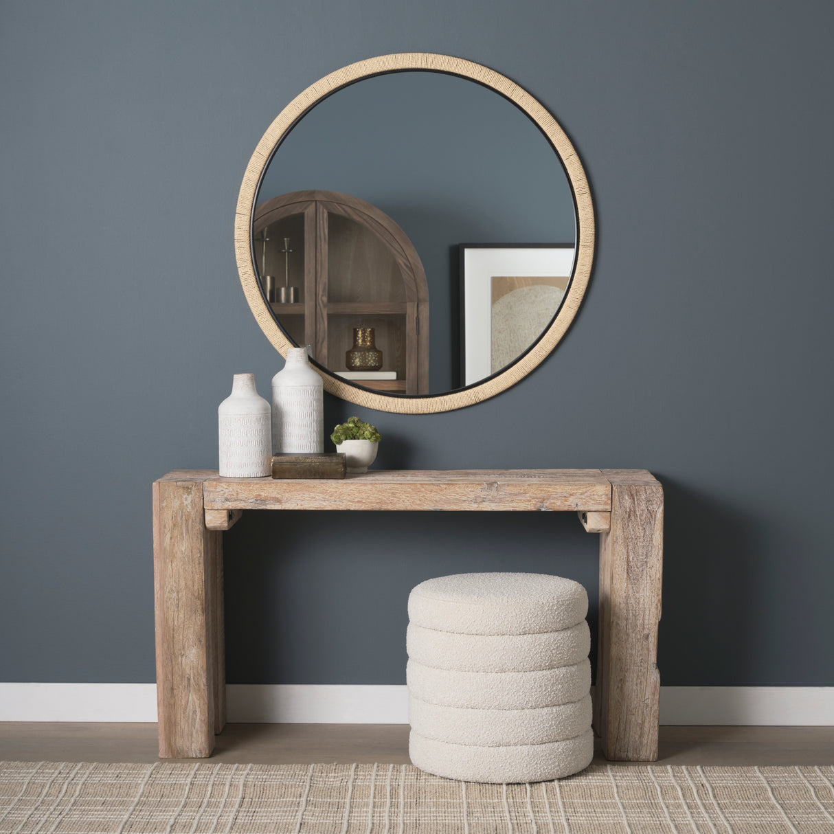 Vasie Black Wood w/ Jute Round Mirror from Mercana - Luna Furniture
