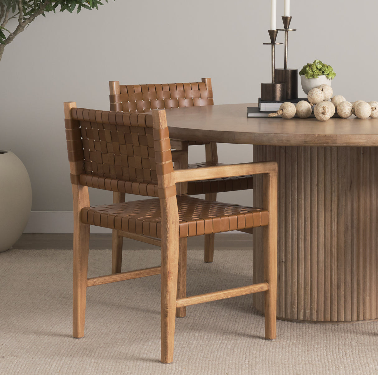 Shane Brown Wood w/ Woven Brown Leather Dining Armchair