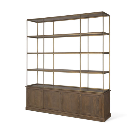 Baron 4-Door Dark Brown Wood w/ Antique Brass Metal Open Shelving Unit from Mercana - Luna Furniture