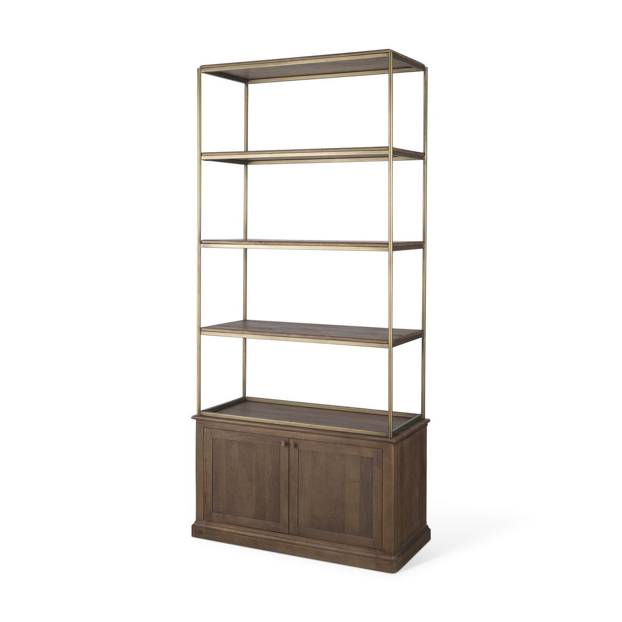 Baron Dark Brown Wood w/ Antiqued Aged Brass Metal 2-Door Open Shelving Unit from Mercana - Luna Furniture