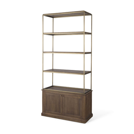 Baron Dark Brown Wood w/ Antiqued Aged Brass Metal 2-Door Open Shelving Unit from Mercana - Luna Furniture