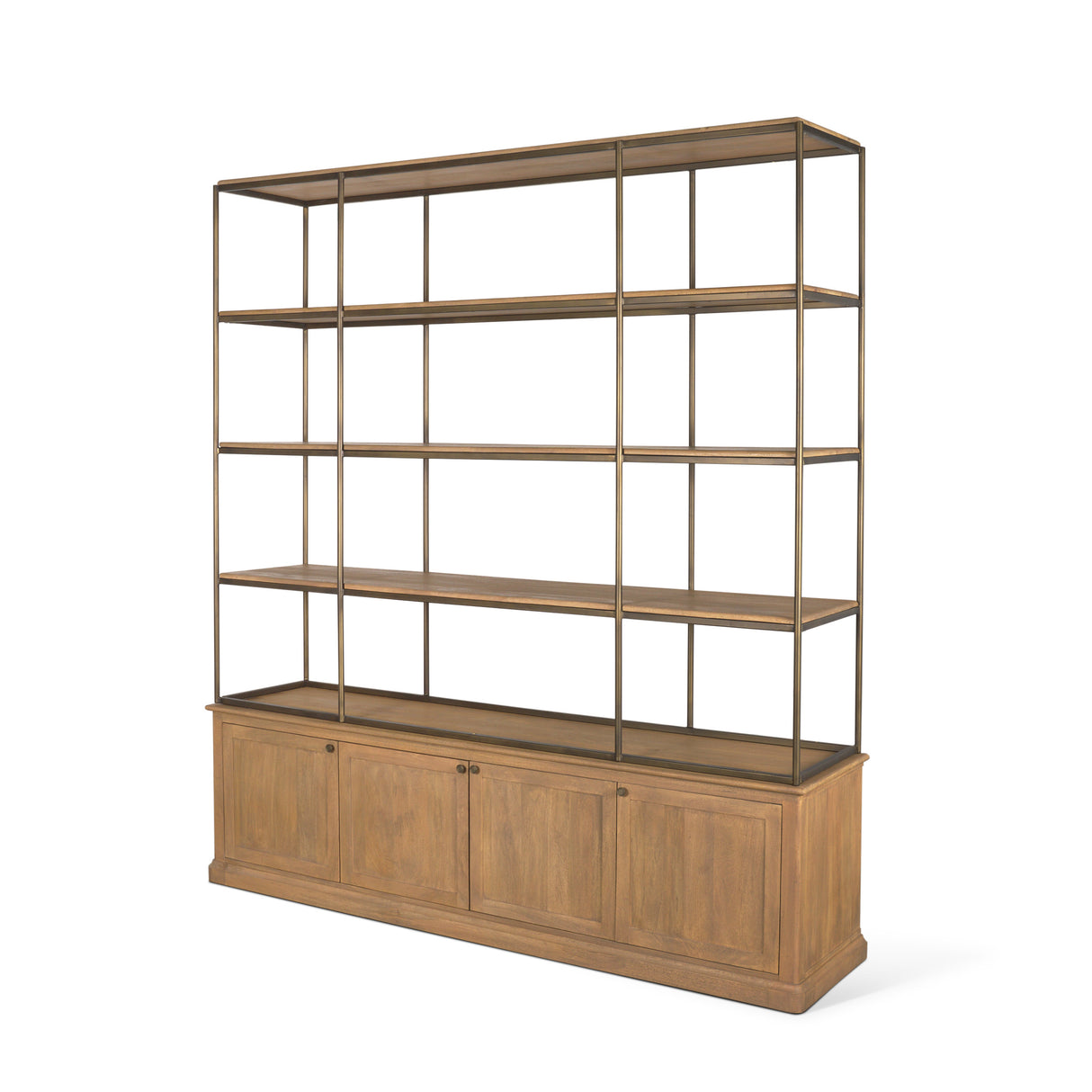 Baron 4-Door Light Brown Wood w/ Gunmetal Open Shelving Unit from Mercana - Luna Furniture