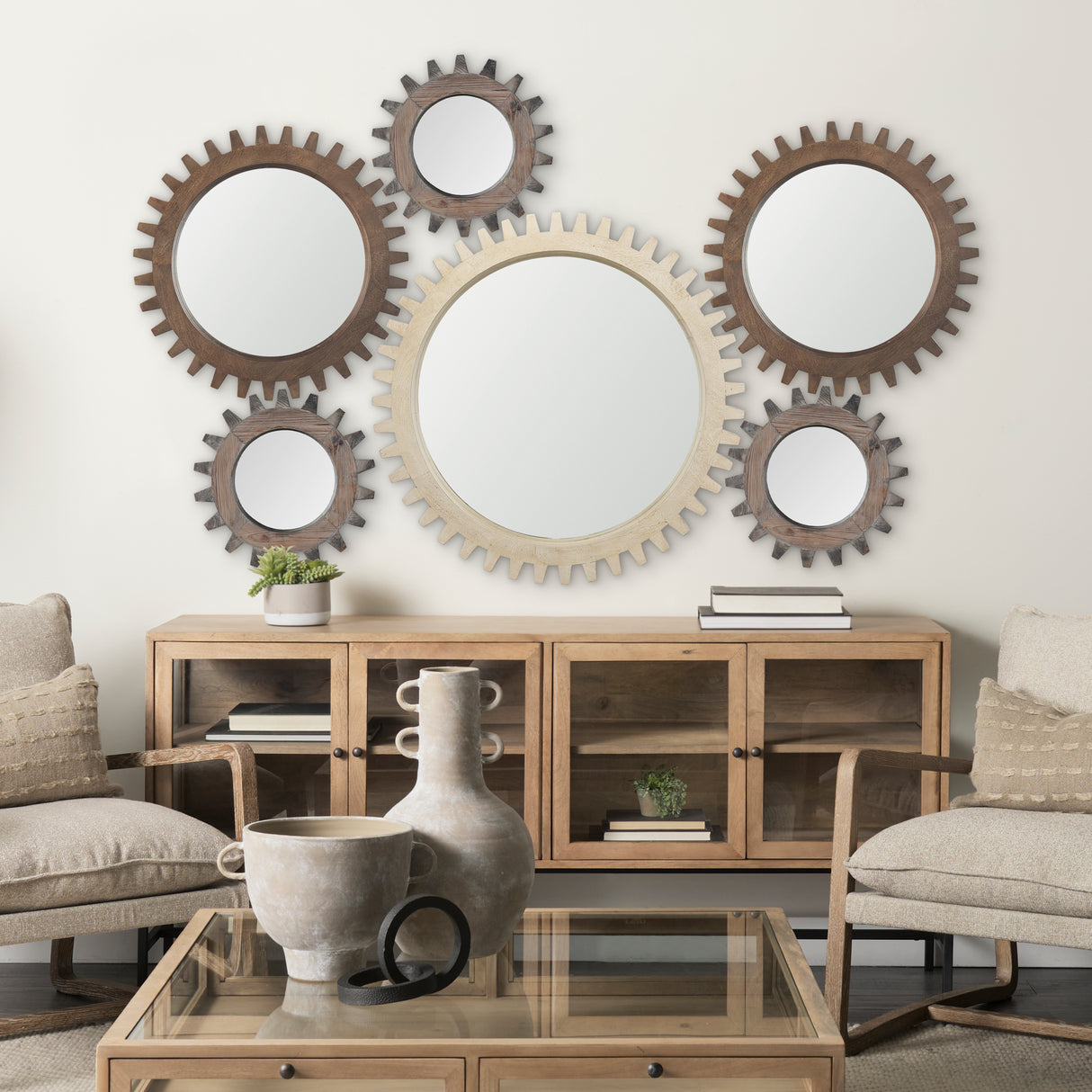 Cog Mirror 35" Round Natural Wood Frame Mirror from Mercana - Luna Furniture