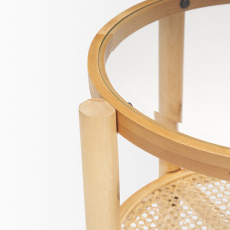 Weslyn Solid Light Brown Wood and Glass Top w/ Cane Side Table from Mercana - Luna Furniture