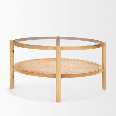 Weslyn Solid Light Brown Wood and Glass Top w/ Cane Coffee Table from Mercana - Luna Furniture