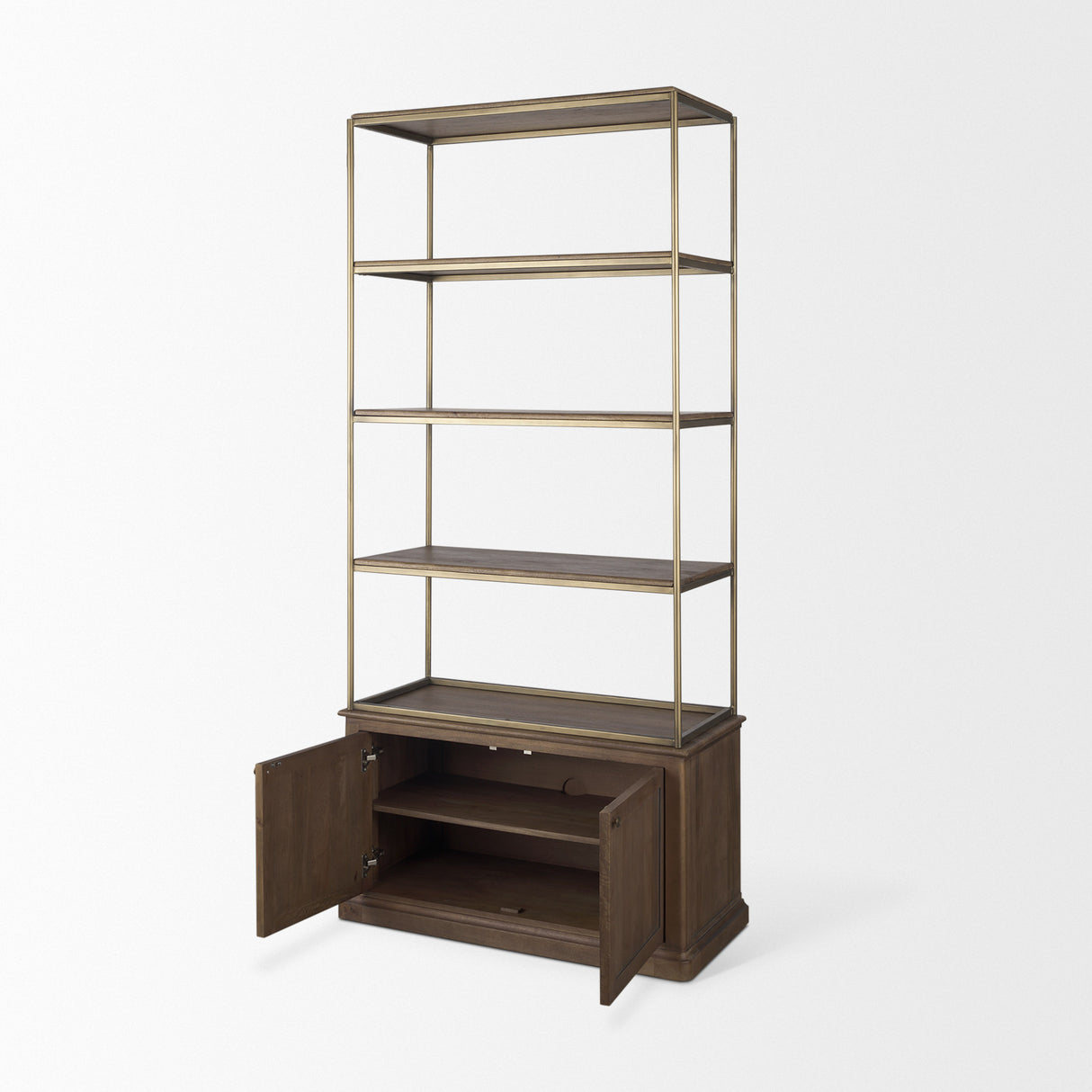Baron Dark Brown Wood w/ Antiqued Aged Brass Metal 2-Door Open Shelving Unit from Mercana - Luna Furniture
