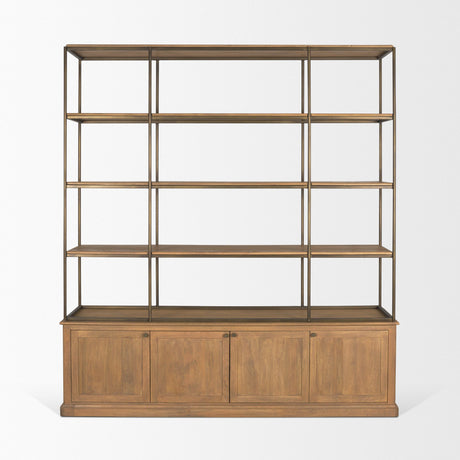 Baron 4-Door Light Brown Wood w/ Gunmetal Open Shelving Unit from Mercana - Luna Furniture