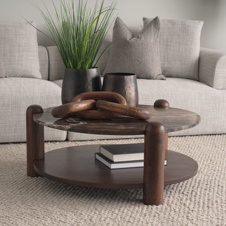 Jovia Brown Mango Wood W/ Cappuccino Marble Round Coffee Table from Mercana - Luna Furniture