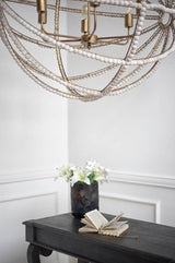 Ava White (34"D) Gold Metal and White Wood Beaded Six Bulb Chandelier from Mercana - Luna Furniture
