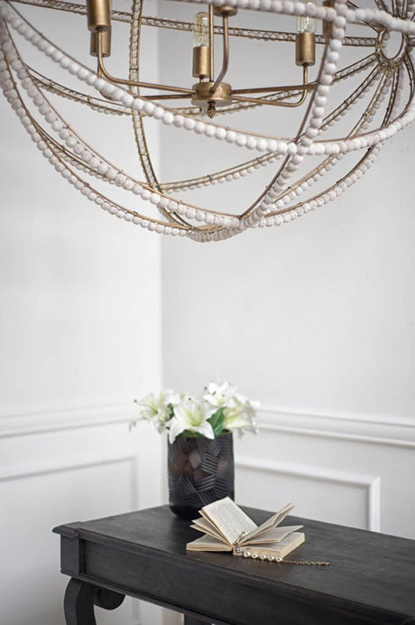 Ava White (34"D) Gold Metal and White Wood Beaded Six Bulb Chandelier from Mercana - Luna Furniture