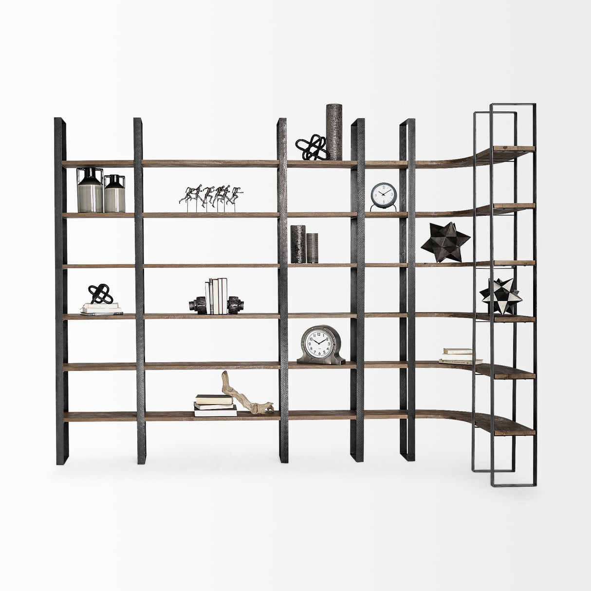 Turner II 37L x 10.5W x 90H Curved Dark Brown Wood And Black Iron Six Shelving Unit from Mercana - Luna Furniture