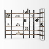 Turner II 37L x 10.5W x 90H Curved Dark Brown Wood And Black Iron Six Shelving Unit from Mercana - Luna Furniture