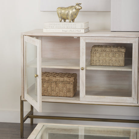 Arelius 36L x 18W x 32H White Wood, Gold Metal Base w/ 2 Glass Doors Accent Cabinet from Mercana - Luna Furniture