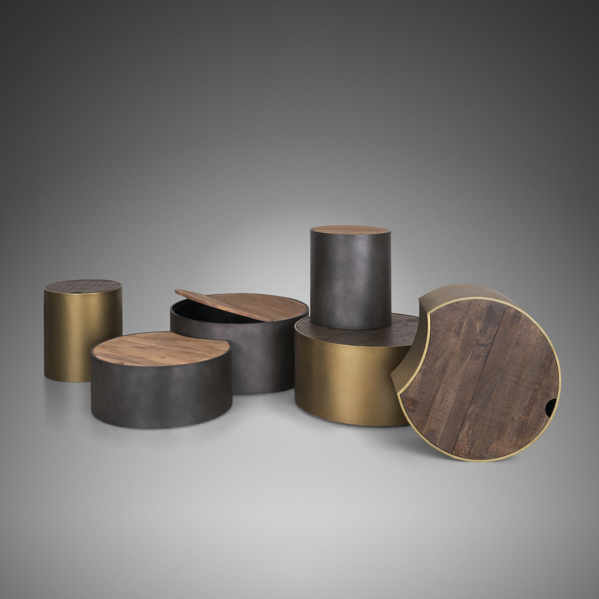 Eclipse Gunmetal Gray Drum Base w/ Brown Wood Top End/Side Table from Mercana - Luna Furniture