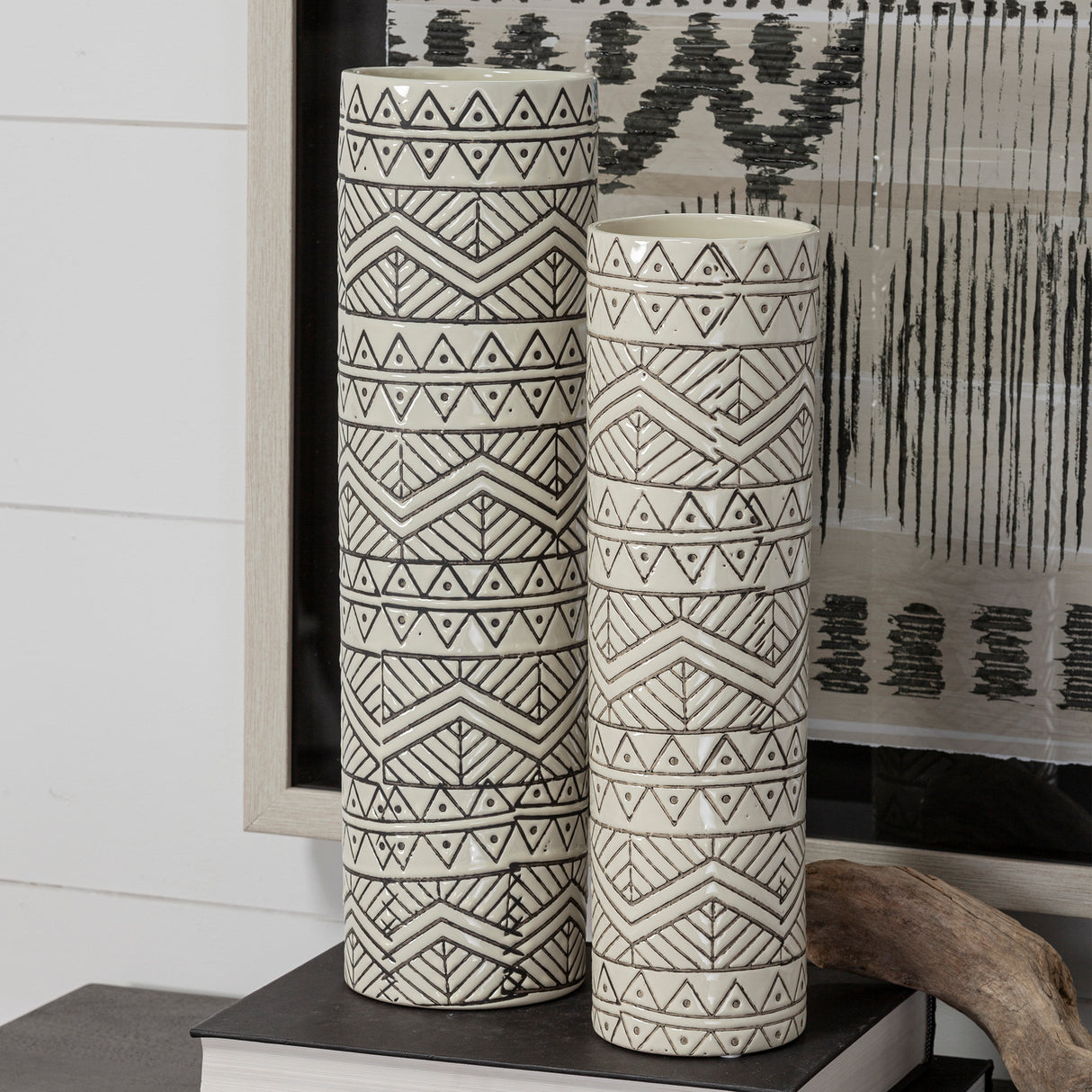 Uhura I Small Cream Black Patterned Cylindrical Vase from Mercana - Luna Furniture