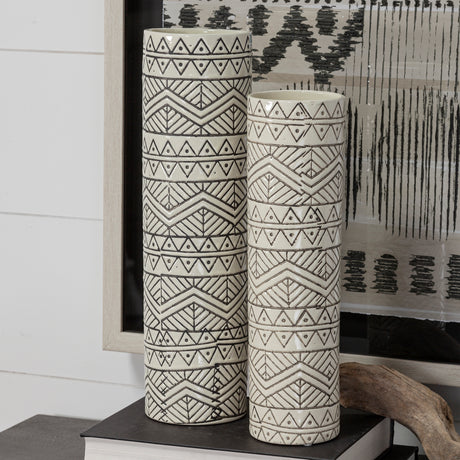 Uhura I Small Cream Black Patterned Cylindrical Vase from Mercana - Luna Furniture