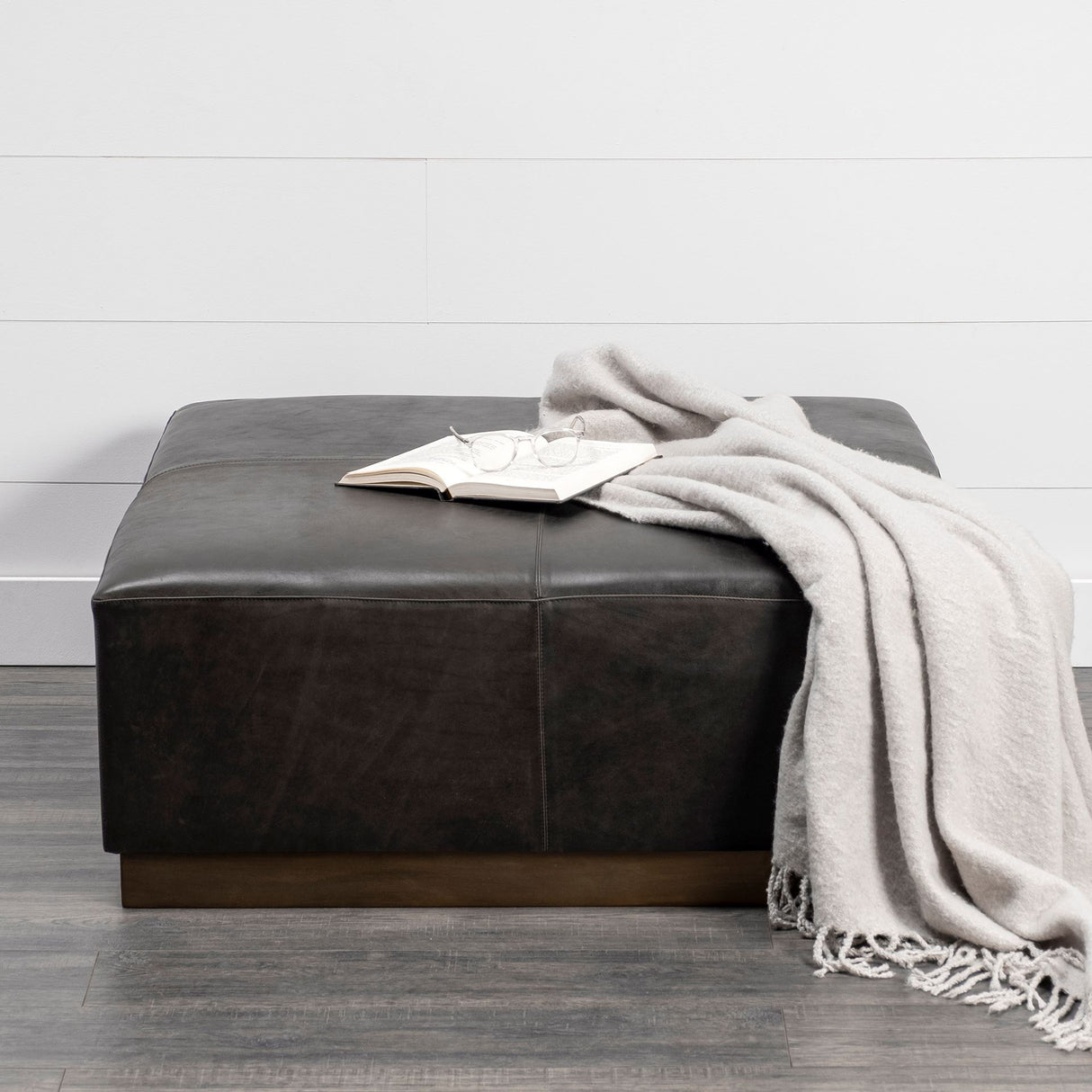 Minara 36" Square Black Leather Wrapped w/Metal Base Ottoman from Mercana - Luna Furniture