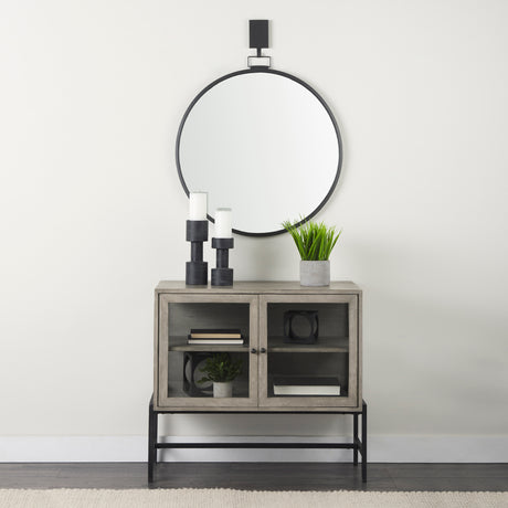 Arelius 36L x 18W x 32H Gray Wood, Black Metal Base w/ 2 Glass Doors Accent Cabinet from Mercana - Luna Furniture