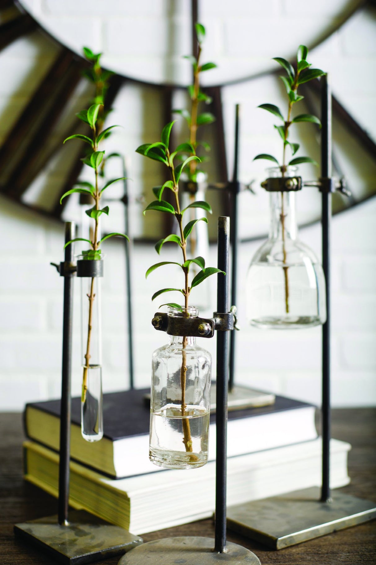 Jarvis Set of Five Dark Brown Metal and Glass Chemistry Inspired Bottles from Mercana - Luna Furniture