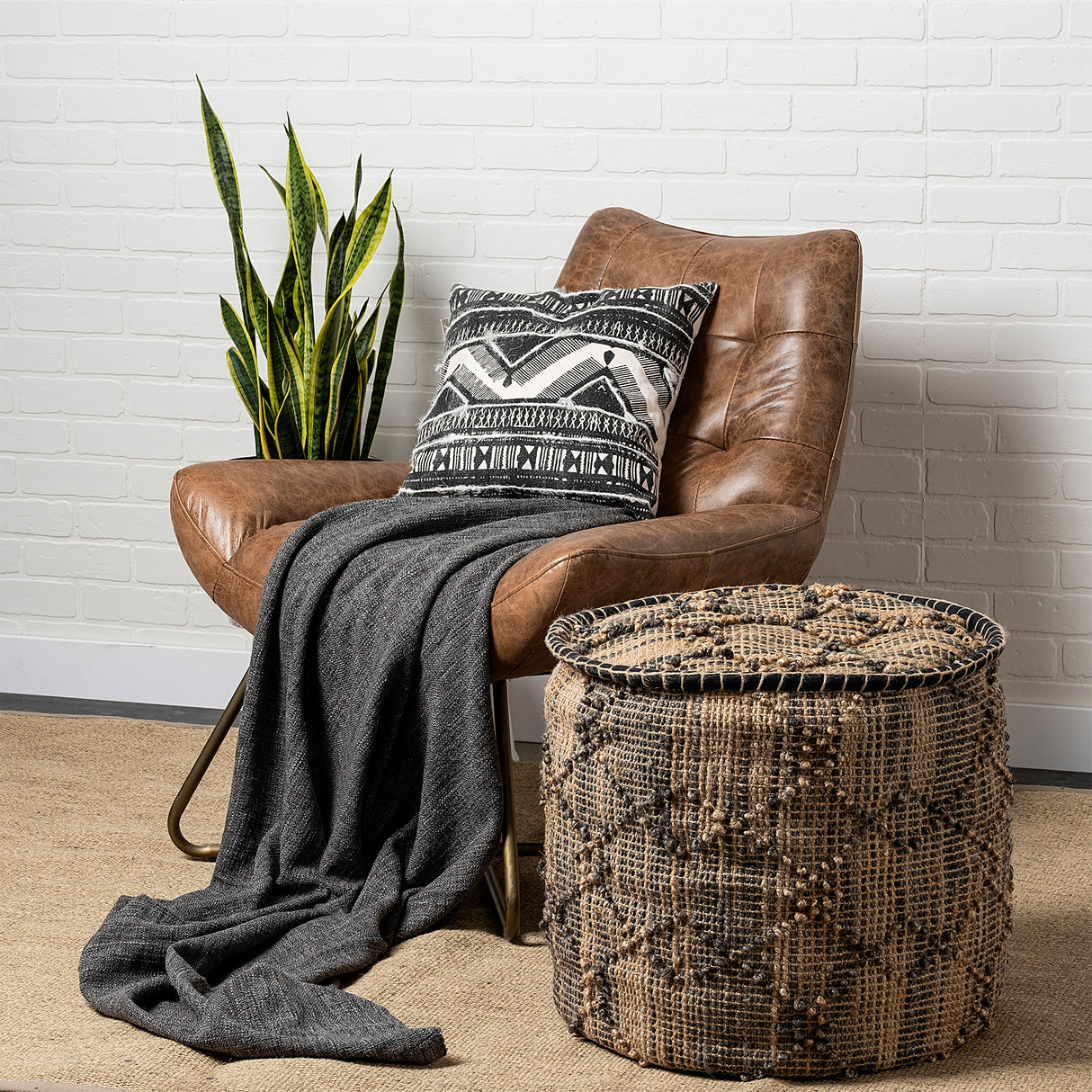 Riley Tan Jute Popcorn Stich Cylindrical Pouf from Mercana - Luna Furniture