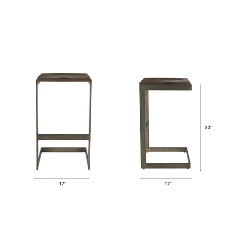 Kiran 17L x 17W x 30H Medium Brown Wood W/ Antique Nickel Finished Metal Frame Bar Stool from Mercana - Luna Furniture