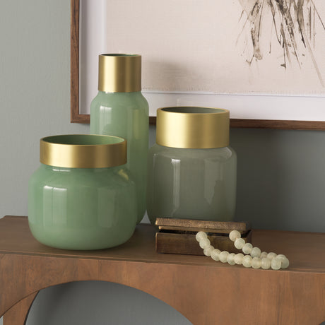 Minty 9.9L x 9.9W x 9.6H Green Glass Vase W/Matte Gold Metal Neck Cuff from Mercana - Luna Furniture