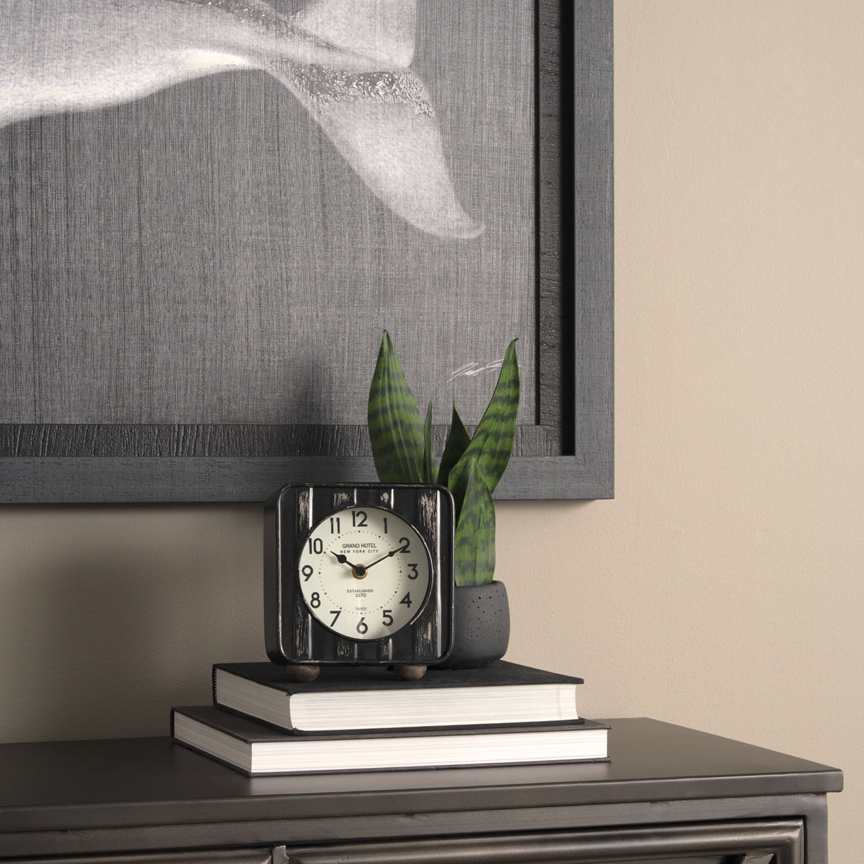 Karl 6.0L x 3.0W x 6.8H Rustic Black Iron Rounded Square Table Clock from Mercana - Luna Furniture