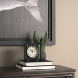 Karl 6.0L x 3.0W x 6.8H Rustic Black Iron Rounded Square Table Clock from Mercana - Luna Furniture
