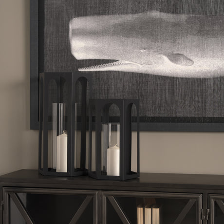 Balley 9.4L x 9.4W x 19.7H Set of Two Matte Black Metal Hexagonal Candle Holder Lanterns from Mercana - Luna Furniture