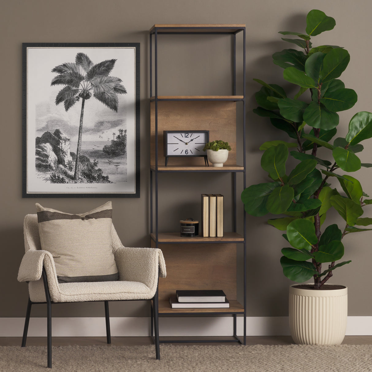 Morris 19.75 L x 15.0W x 72.5H Beige Wood W/Black Metal Frame 4-Tier Shelving Unit from Mercana - Luna Furniture