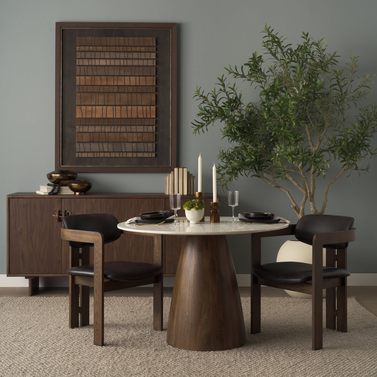 Allyson 42" Round Brown Wood Pedestal w/Banswara White Marble Top Dining Table from Mercana - Luna Furniture