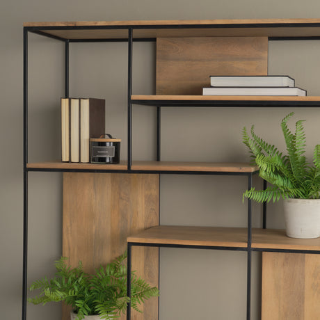 Morris 47.0L x 15.0W x 75.0H Light Brown Wood w/ Black Metal Frame 6-Tier Shelving Unit from Mercana - Luna Furniture