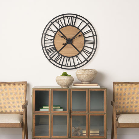 Lewiston 30.1L x 2.0W x 30.1H Black Iron W/Wood Round Wall Clock from Mercana - Luna Furniture