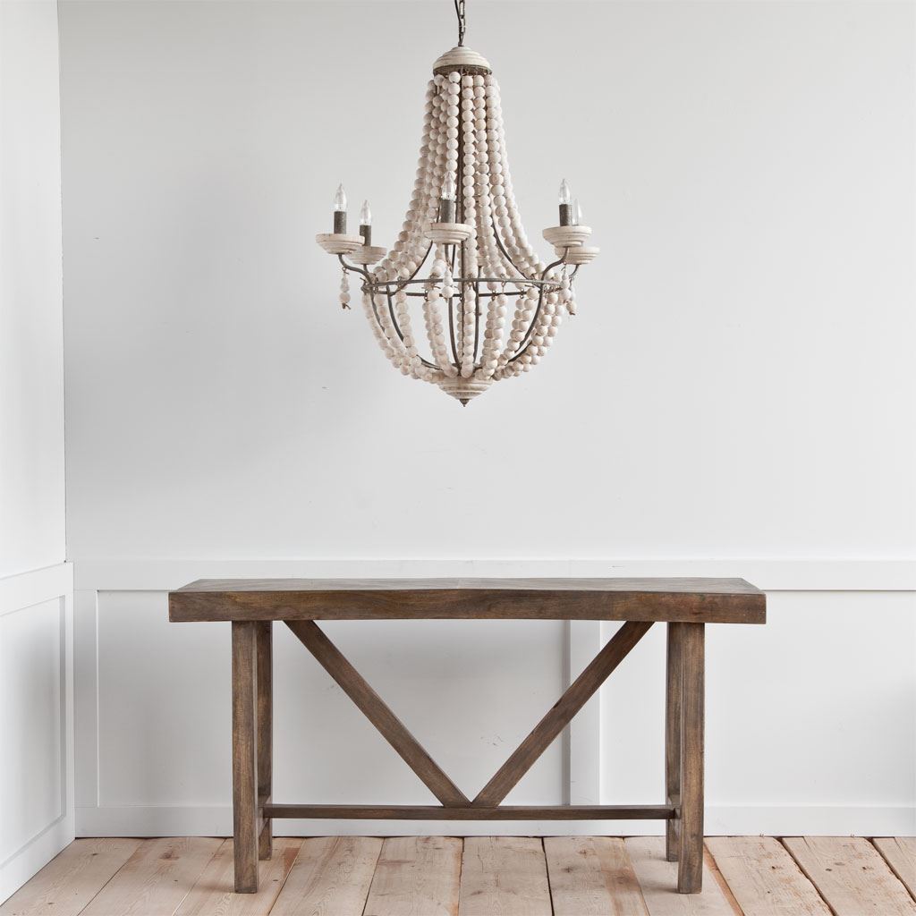 Phillum (29"x37") Silver Metal Chassis and White Wood Beaded Six Bulb Chandelier from Mercana - Luna Furniture