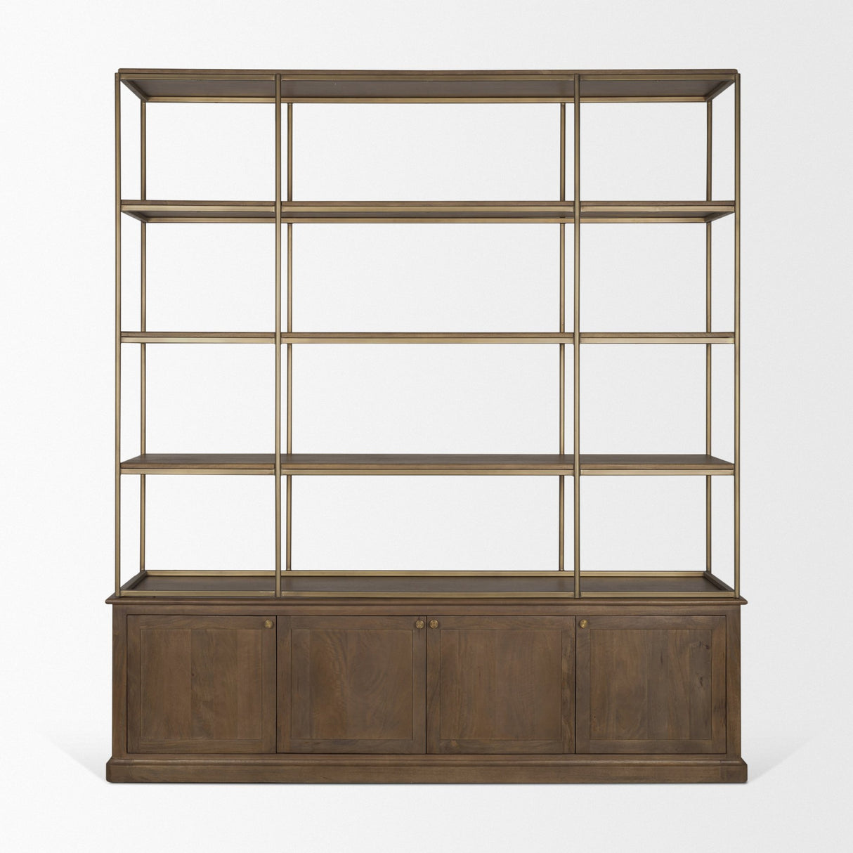 Baron 4-Door Dark Brown Wood w/ Antique Brass Metal Open Shelving Unit from Mercana - Luna Furniture