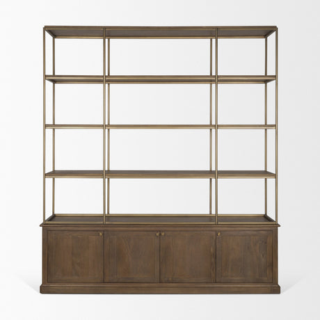 Baron 4-Door Dark Brown Wood w/ Antique Brass Metal Open Shelving Unit from Mercana - Luna Furniture