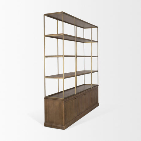 Baron 4-Door Dark Brown Wood w/ Antique Brass Metal Open Shelving Unit from Mercana - Luna Furniture