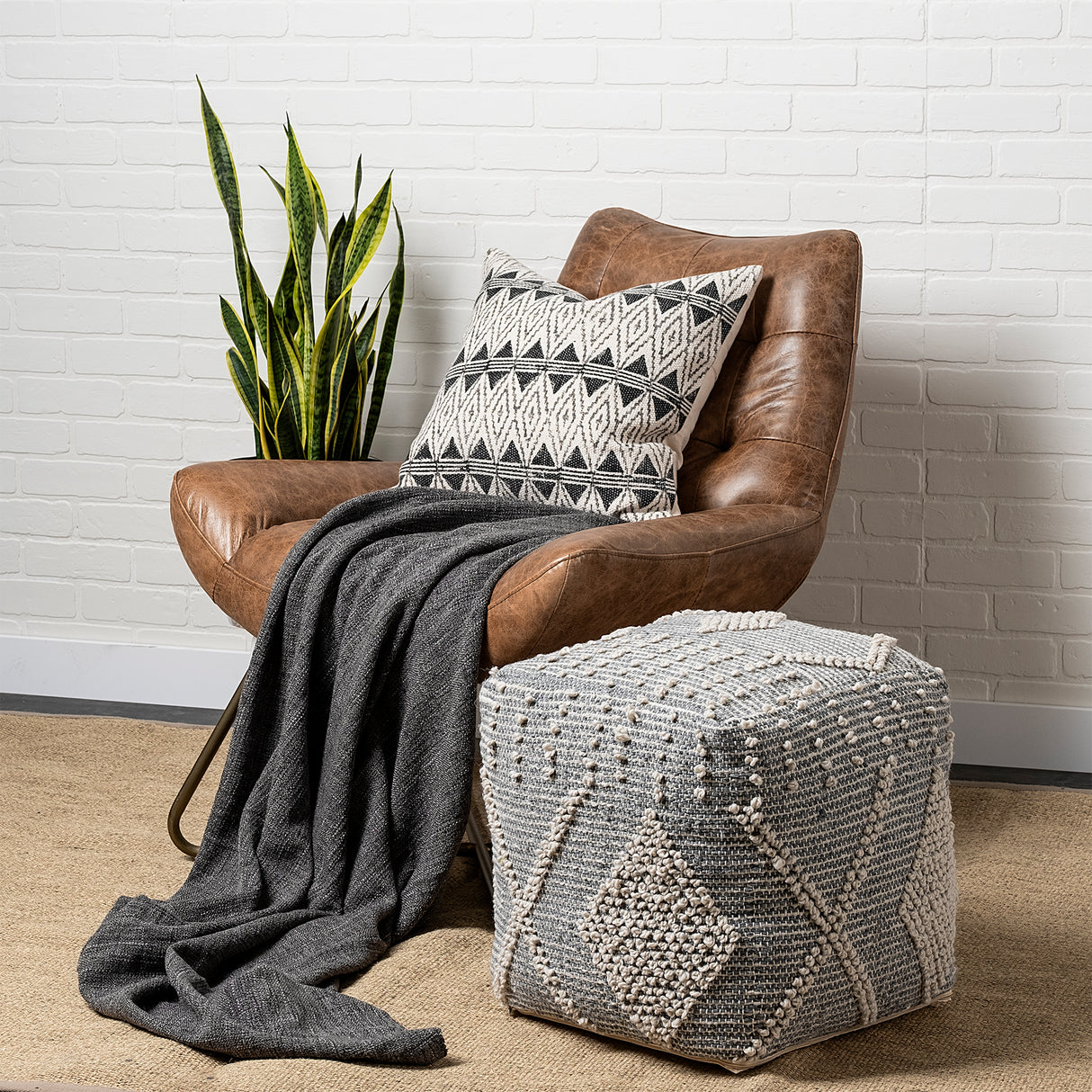 Brinket Gray/Cream Polyester Handwoven Square Pouf from Mercana - Luna Furniture