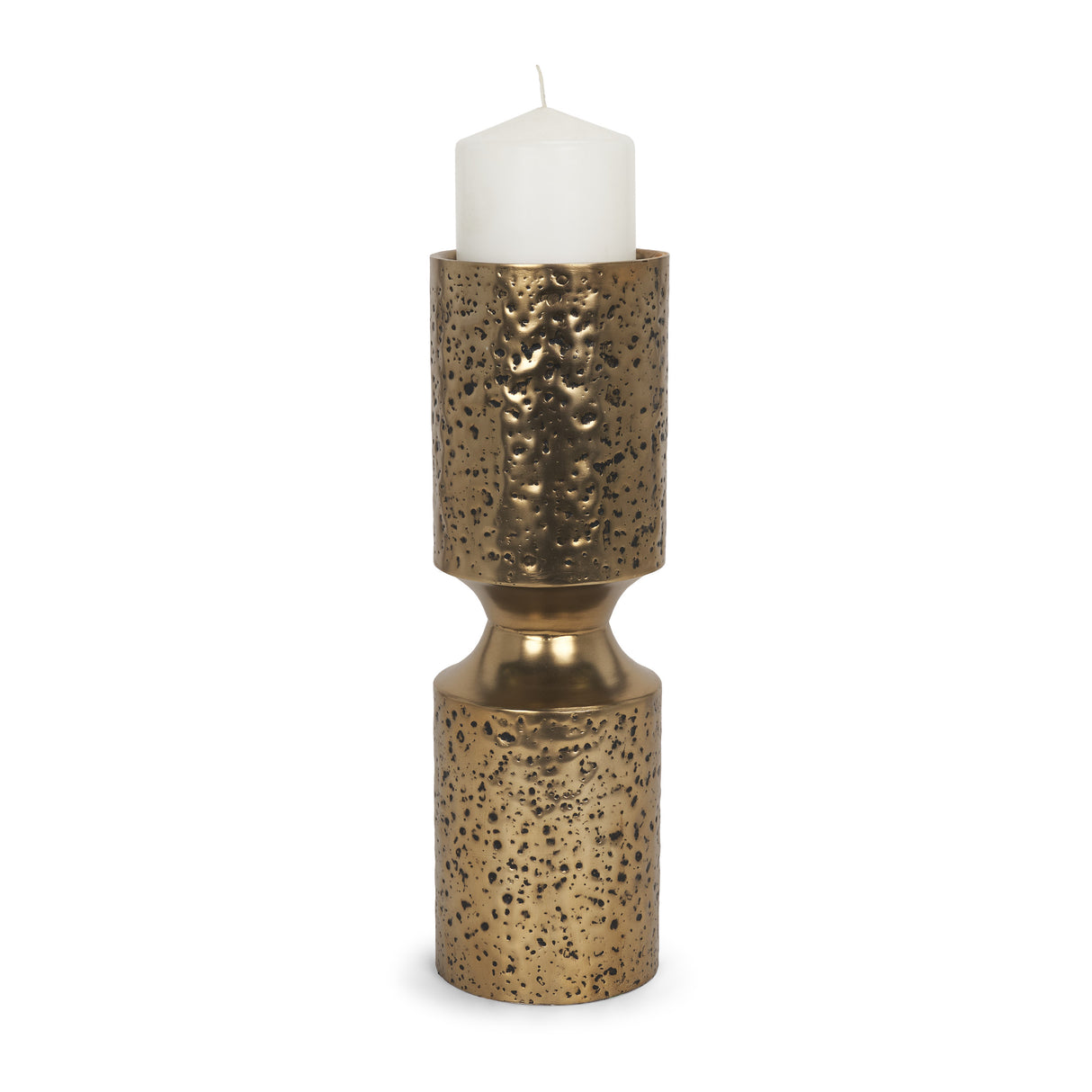 Akira Large Hammered Gold Metal Pillar Candle Holder from Mercana - Luna Furniture