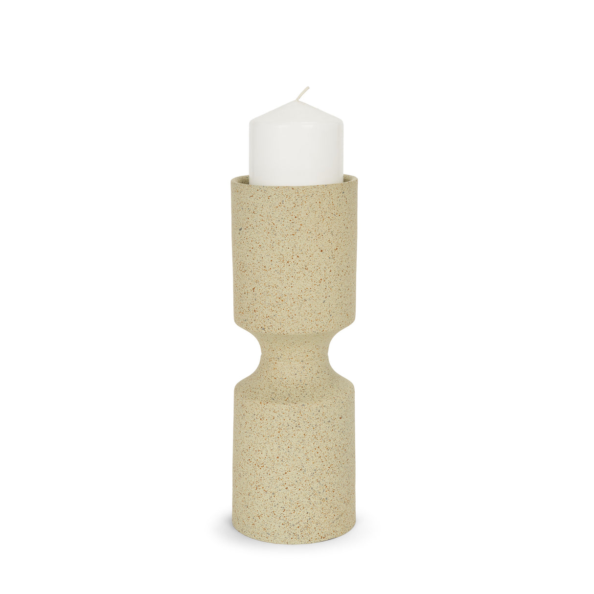 Akira Small Textured Beige Metal Pillar Candle Holder from Mercana - Luna Furniture